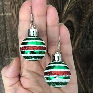 Green Glitter Stripe Big Ball Christmas Tree Ornament Drop Earrings NWT